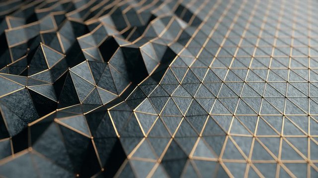 Abstract seamless loop cg low polygonal Black surface. Geometric triangular lines. 3d render motion technology background. Triangle segments. Luxury backdrop. Gold neon wireframe lines