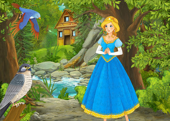 Obraz na płótnie Canvas cartoon summer scene with meadow in the forest with beautiful princess girl