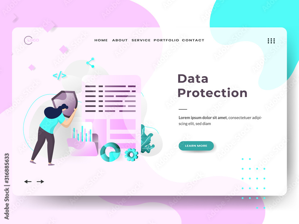 Poster landing page template of data protection. the woman is guarding the database. modern flat design con