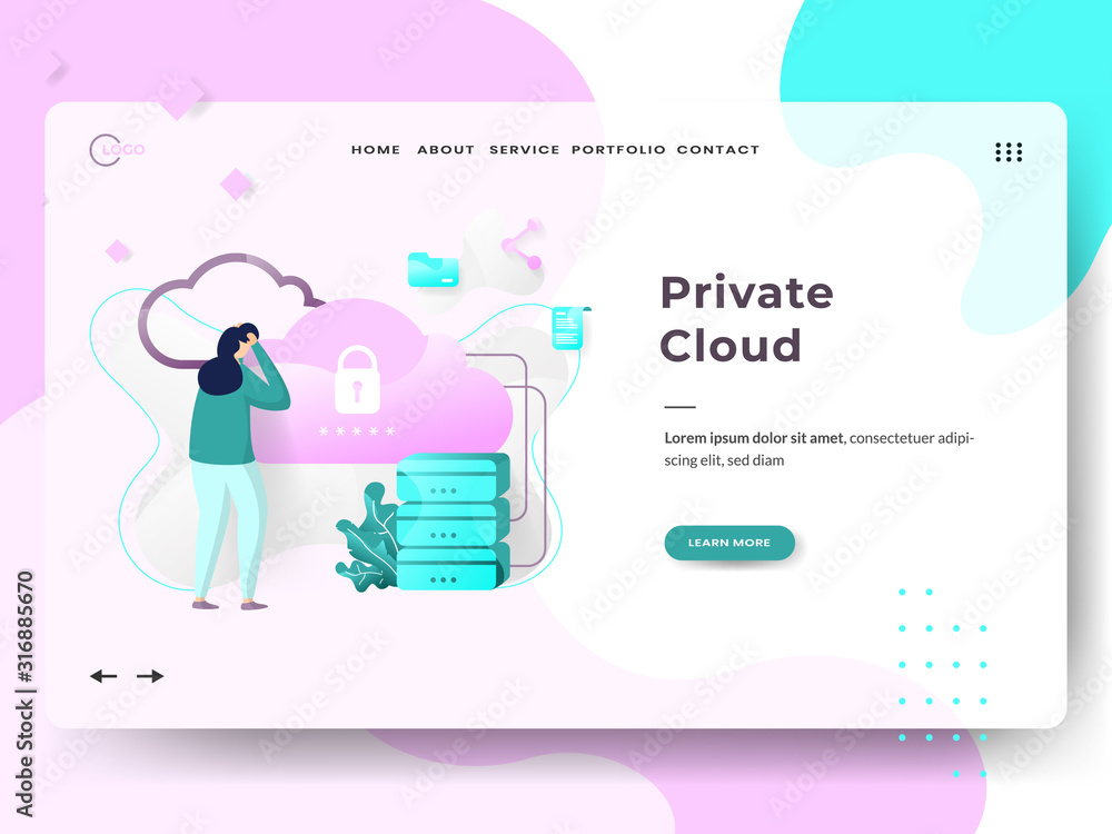 Poster landing page template of private cloud. woman standing in front of cloud data. modern flat design co