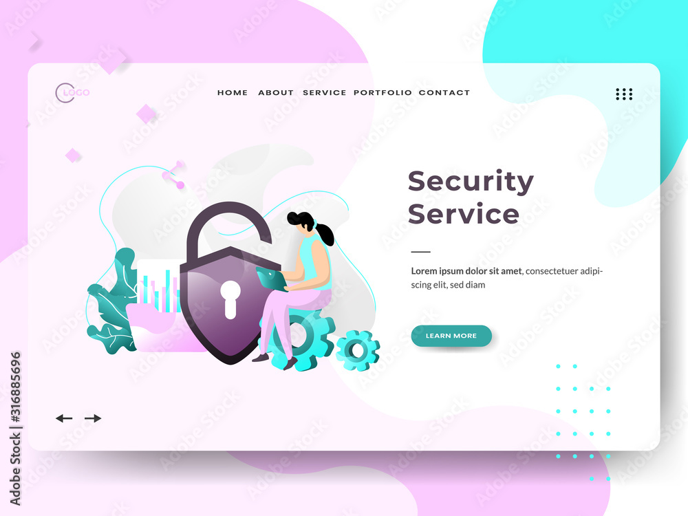 Poster landing page template of security service. woman sitting on the gear while using a tablet. modern fl