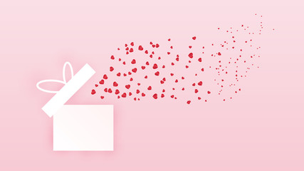 Valentines with gift box postcard. Flying elements on pink background. Vector symbols of love in shape of heart for Happy Women's, Mother's, Valentine's Day, birthday greeting card design