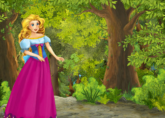 Fototapeta na wymiar cartoon summer scene with meadow in the forest with beautiful princess girl