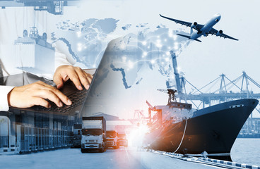 The world logistics  background or transportation Industry or shipping business, Container Cargo  shipment , truck delivery, airplane , import export Concept - obrazy, fototapety, plakaty
