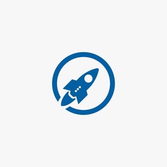 Rocket logo design. Blue planet sign symbol. Rocket launching icon vector. 