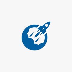 Rocket logo design. Blue planet sign symbol. Rocket launching icon vector. 