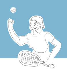 One continuous line drawing of Tennis player service serving woman Simple line art drawing of Tennis player service serving woman