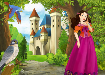 Fototapeta na wymiar cartoon summer scene with meadow in the forest with beautiful princess girl romantic