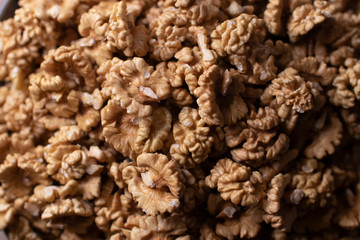 Walnut kernels close up. Top view 