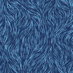 Indigo cyanotype dyed effect distressed worn bleached graphical motif. Noisy brushed faded mottled, intricate grungy stained navy design. Seamless repeat raster jpg pattern swatch.