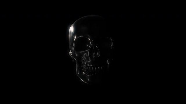 Dark creepy 3D human skeleton skull head render with a light shining on it on a black minimalist background