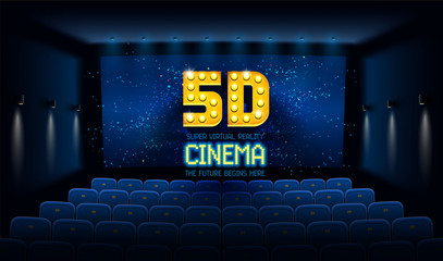 Empty movie theatre. Dark cinema hall with blue screen and 5d virtual reality. Modern movies theater for festivals and films presentation. Interior design. Online Cinema concept. Vector illustration.