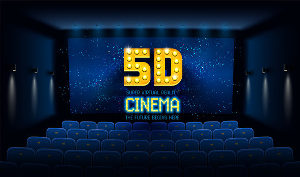 Empty Movie Theatre. Dark Cinema Hall With Blue Screen And 5d Virtual Reality. Modern Movies Theater For Festivals And Films Presentation. Interior Design. Online Cinema Concept. Vector Illustration.