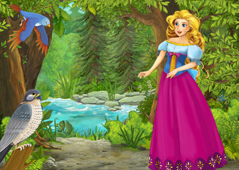 cartoon summer scene with meadow in the forest with beautiful princess girl romantic