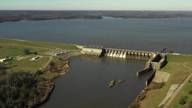 Aerial drone video of a slowing river dam Georgia Alabama USA