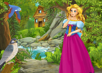 Obraz na płótnie Canvas cartoon summer scene with meadow in the forest with beautiful princess girl romantic