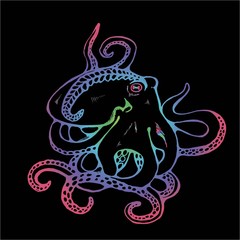 Color illustration of an octopus with algae in the form of tattoos.