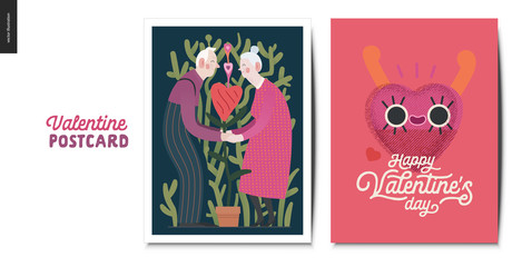Valentines postcards -Valentines day graphics. Modern flat vector concept illustration - greeting cards - an aged couple holding their hands standing with a heart shaped plant, happy heart in love