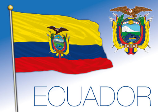 Ecuador official national flag and coat of asrms, south american country, vector illustration
