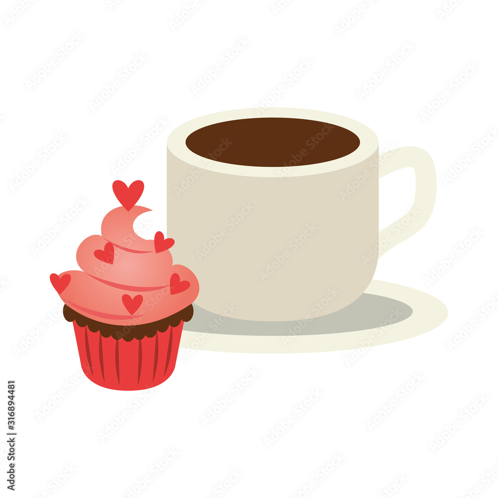 Sticker delicious sweet cupcake with hearts and coffee