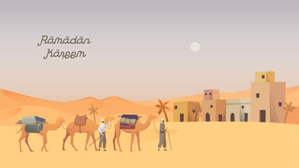Happy eid mubarak and ramadan concept with cartoon landscape. People with camel caravan illustration for Header page templates, UI, Story board, Book Illustration, Banners