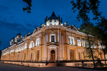 Obraz premium Russia, Blagoveshchensk, July 2019: Building Amur regional children's library with night lighting in the city of Blagoveshchensk in the summer