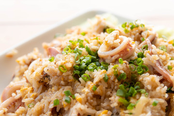 Close up of fried rice with squid on dish