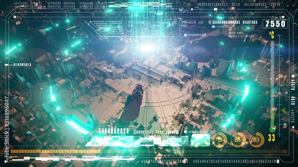 Poster Digital technology rotation, Hi-Tech futuristic user interface head up display screen with digital data and information display for digital background. Computer desktop display screen concept