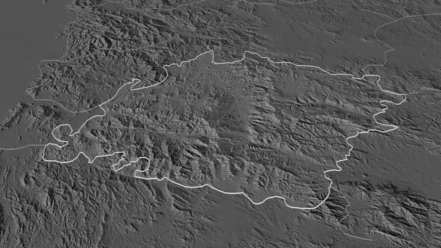 Ibb, governorate with its capital, zoomed and extruded on the bilevel map of Yemen in the conformal Stereographic projection. Animation 3D