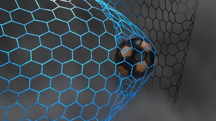 Black-orange Soccer Ball in the blue illuminated Goal Net under black-white lighting with dark toned foggy smoke background. 3D illustration. 3D CG. High resolution.