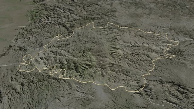 Ibb, governorate with its capital, zoomed and extruded on the satellite map of Yemen in the conformal Stereographic projection. Animation 3D
