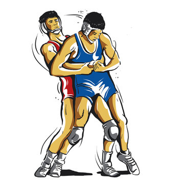 wrestlers grappling blue red uniforms clip art preview