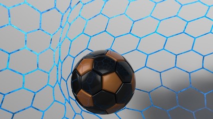 Black-orange Soccer Ball in the blue illuminated Goal Net under black-white lighting with dark toned foggy smoke background. 3D illustration. 3D CG. High resolution.