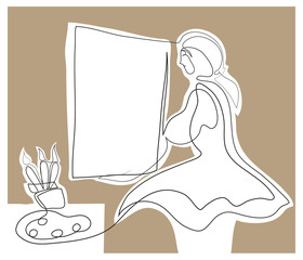 One continuous line drawing of young happy woman painter in art class. Simple line art drawing of artist holding a canvas.