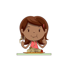 Little girl eating spaghetti, happy cute child