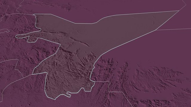 Ma'rib, governorate with its capital, zoomed and extruded on the administrative map of Yemen in the conformal Stereographic projection. Animation 3D