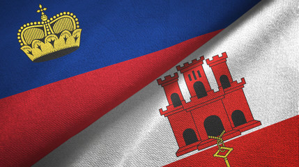 Liechtenstein and Gibraltar two flags textile cloth, fabric texture