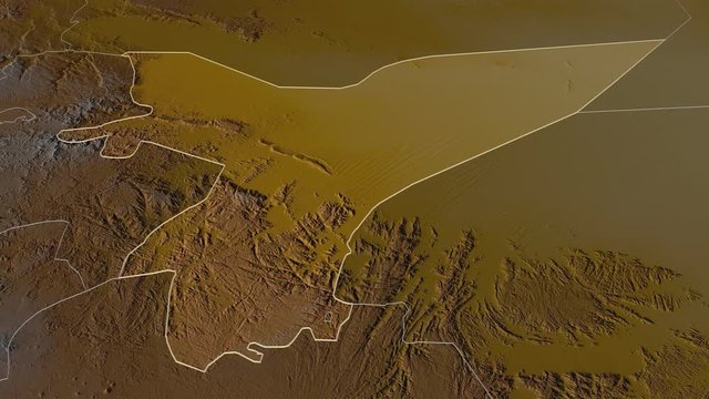 Ma'rib, governorate with its capital, zoomed and extruded on the relief map of Yemen in the conformal Stereographic projection. Animation 3D