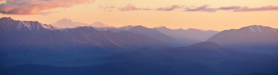 Panoramic view, mountains at sunset, Altai
