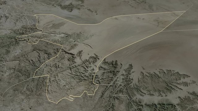 Ma'rib, governorate with its capital, zoomed and extruded on the satellite map of Yemen in the conformal Stereographic projection. Animation 3D