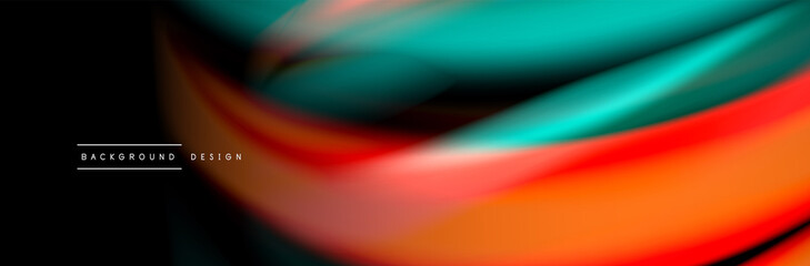 Silk and smooth flow wave poster design. Color waves, liquid style lines and shapes in black color background