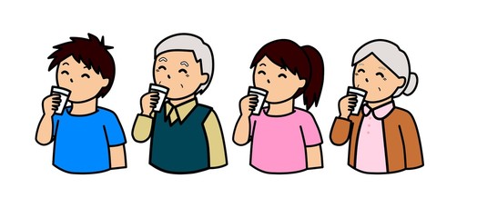 コップに入れた牛乳を美味しそうに飲んでいる人々