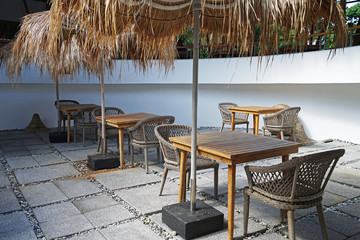 Exterior design and decoration of outdoor dining restaurant decorated with tropical and ecology furniture