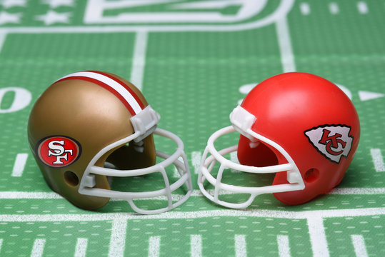Helmets for the San Francisco 49ers, and Kansas City Chiefs, opponents in Super Bowl LIV.