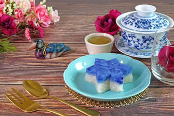 Thai dessert : Sticky rice cake and custard, dessert for wedding ceremony of Peranakan (Baba-Nyonya) culture in Phuket Thailand. Auspicious food for sweet and eternal love to wishes to bride and groom