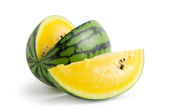 Sliced yellow watermelon isolated on a white background. Saved paths for cutting with and without shadow