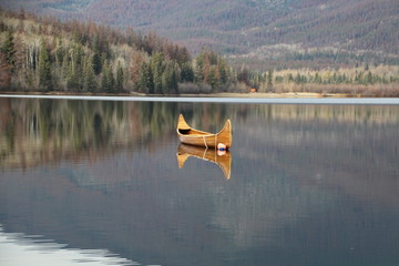 Canoe Floating On Pyramid Lake, Jasper National Park, Alberta