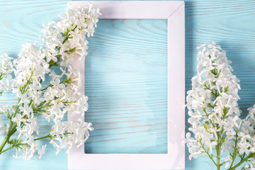 Spring or summer floral background for greeting card. White lilac and wooden frame on a blue background. Template for design with copy space.