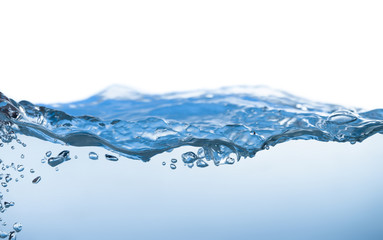 Water splash. Aqua flowing in waves and creating bubbles. Drops on the water surface feel fresh and clean. isolated on white background.