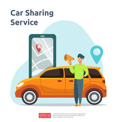 Car sharing illustration concept. online taxi or rent transportation using smartphone service application with character and route points location on gps map for landing page, banner, web, UI, flyer
